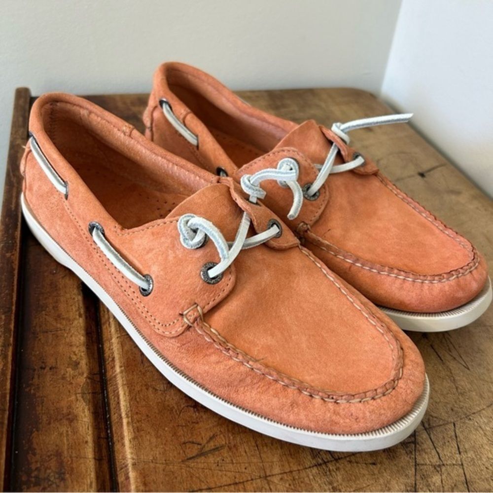 LL Bean Deck Boat Shoes Salmon Peach Suede Leather Women's 8 Good Preworn Condit